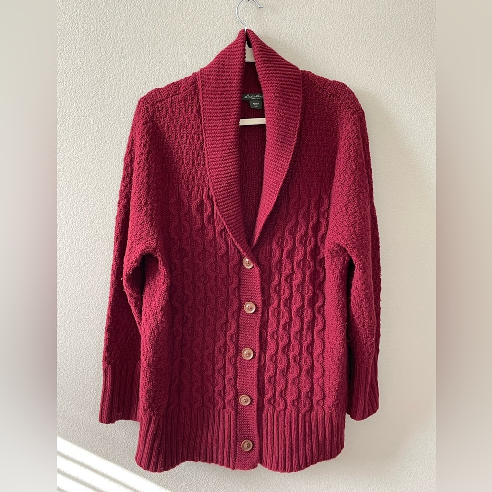 Eddie Bauer Lambswool Fisherman Cable Knit Cardigan Sweater Women